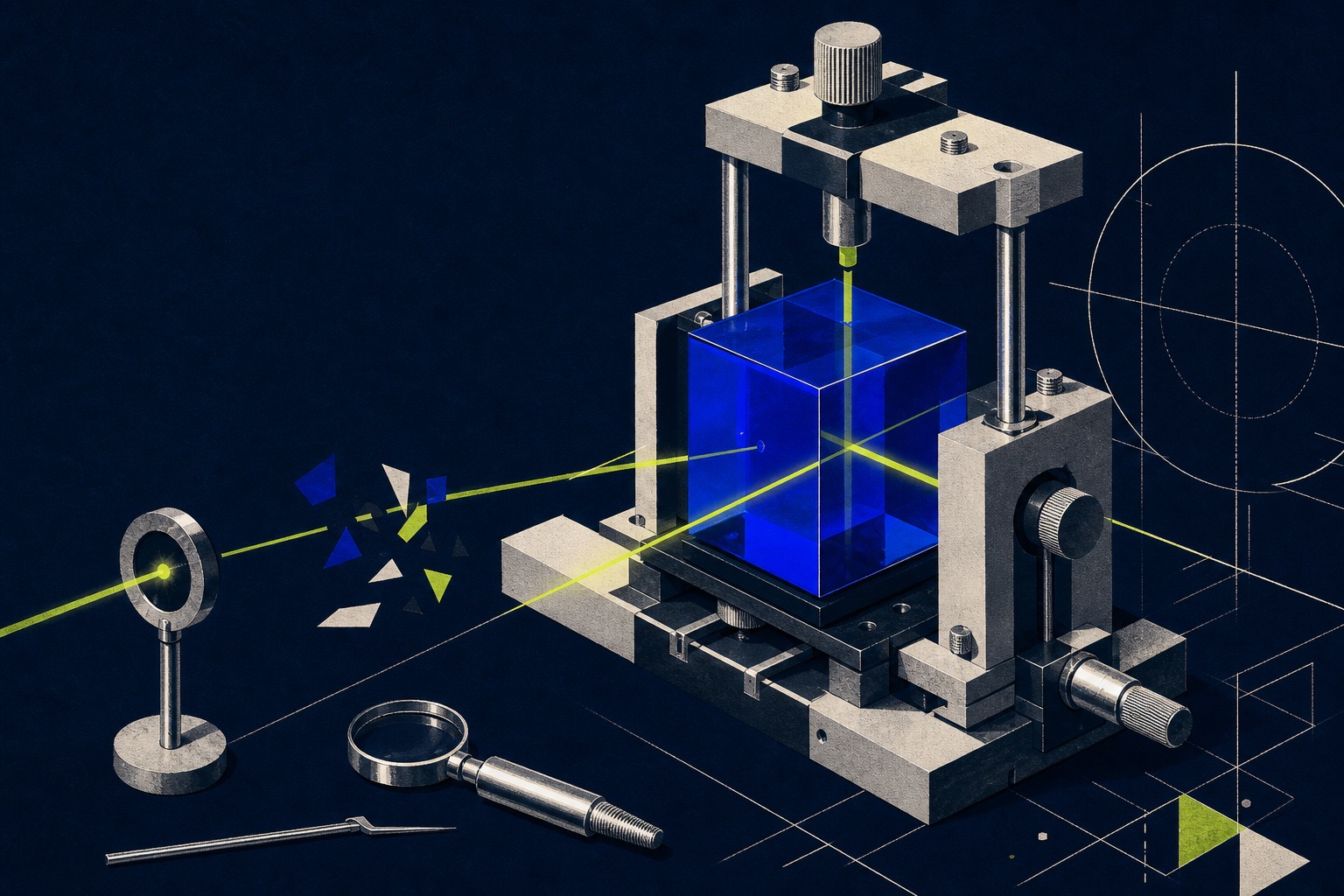 Editorial illustration of a cobalt agent cube in a mechanical testing rig