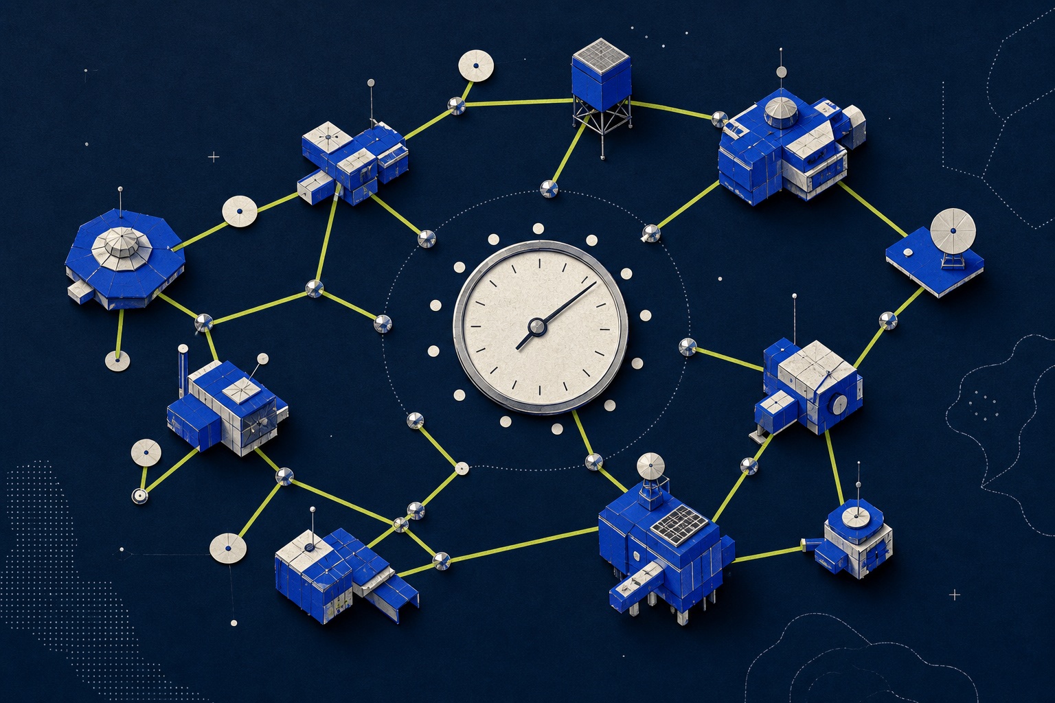 Editorial illustration of modular stations connected around an analog dial