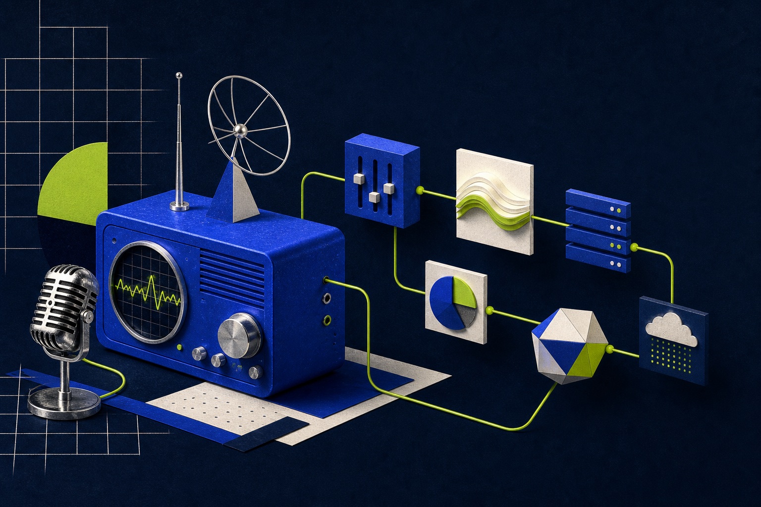 Editorial illustration of a cobalt broadcast studio connecting unusual software objects