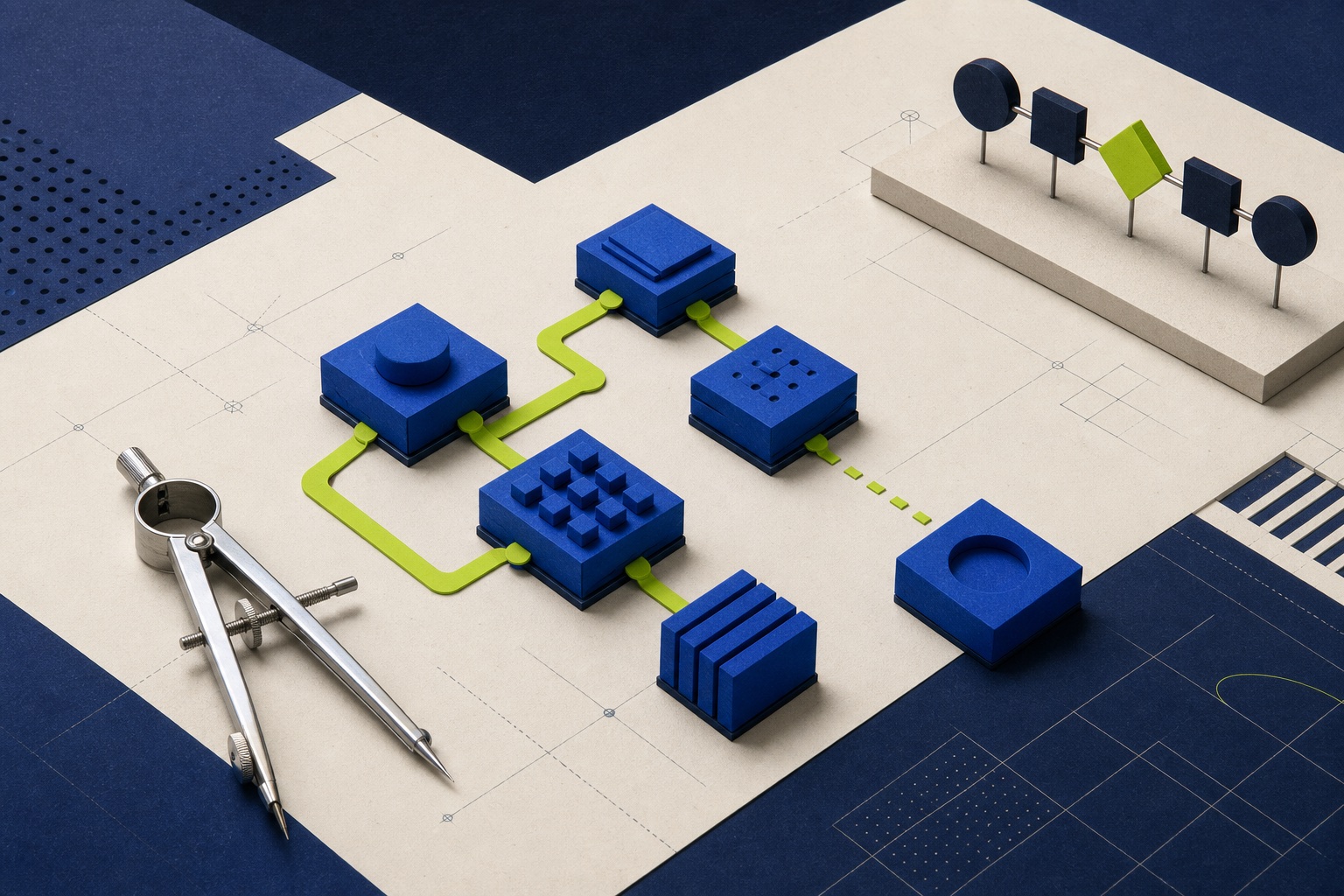 Modular software components arranged on a drafting surface
